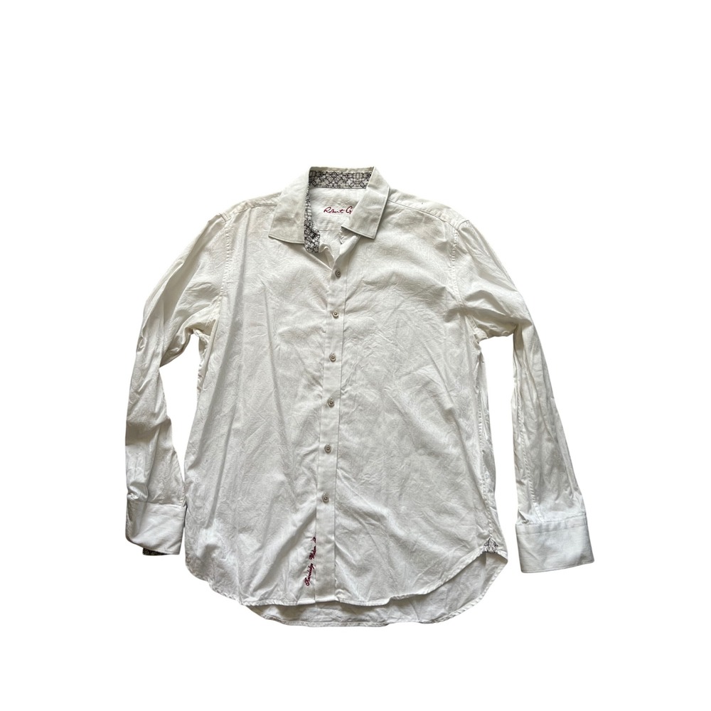 Robert Graham Mens White Cotton Damask Jacquard Button Down Shirt XL Classic Fit